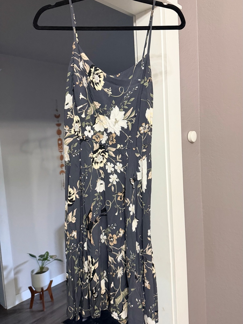 Old Navy Gray Floral Midi Slip Dress with Cream Accents